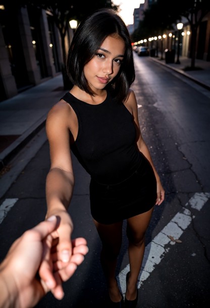 Location: a quiet urban street at dusk with soft ambient city lights reflecting off the pavement and dim shadows stre…