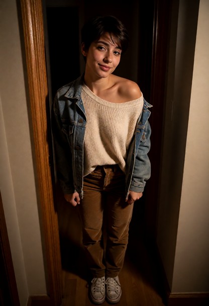 Location: dim apartment hallway at night, with soft, low-level light casting long shadows against the walls and highl…
