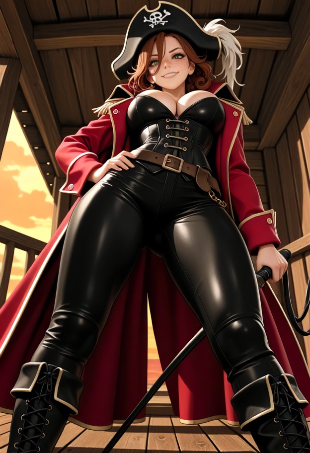 1girl standing on wooden deck,black pirate hat embroidered image,black corset,red long coat dark leather pants,high b…