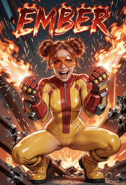 Prompt for Ember comic-cover style image: “Bold comic-book cover, dynamic low-angle full-body shot. Across the top, t…