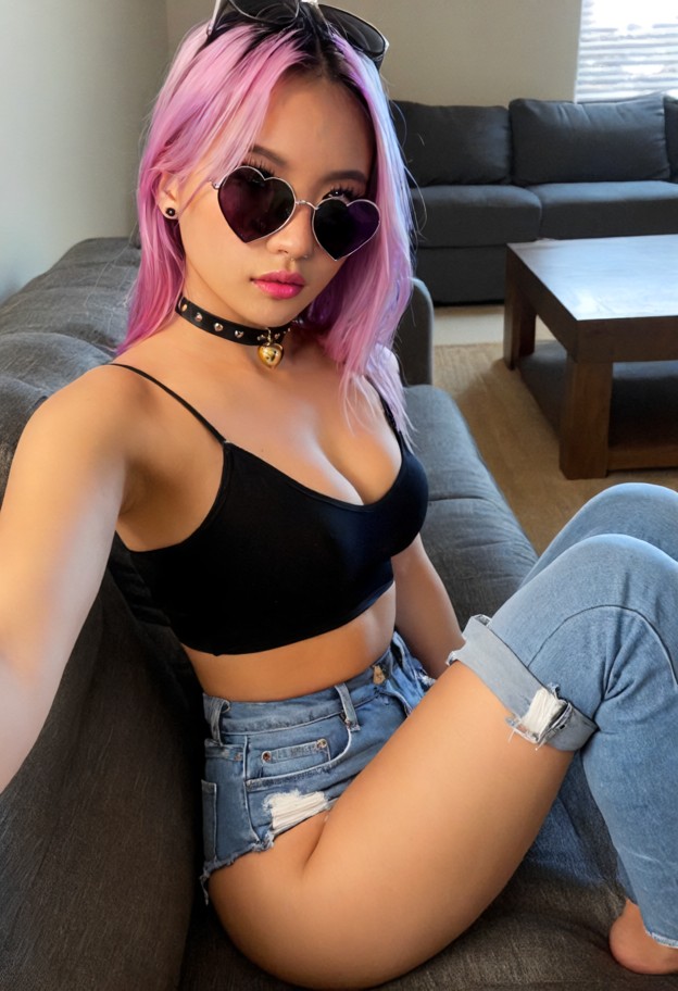 she is sitting on couch with legs on table,black silk camisole,tight blue denim jeans,dark plastic sunglasses on head…