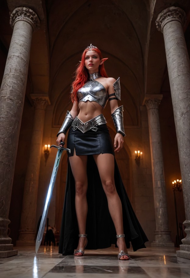she is stepping forward with a sword,silver metal plate armor,leather skirt,large boss chamber,glowing runes on floor…
