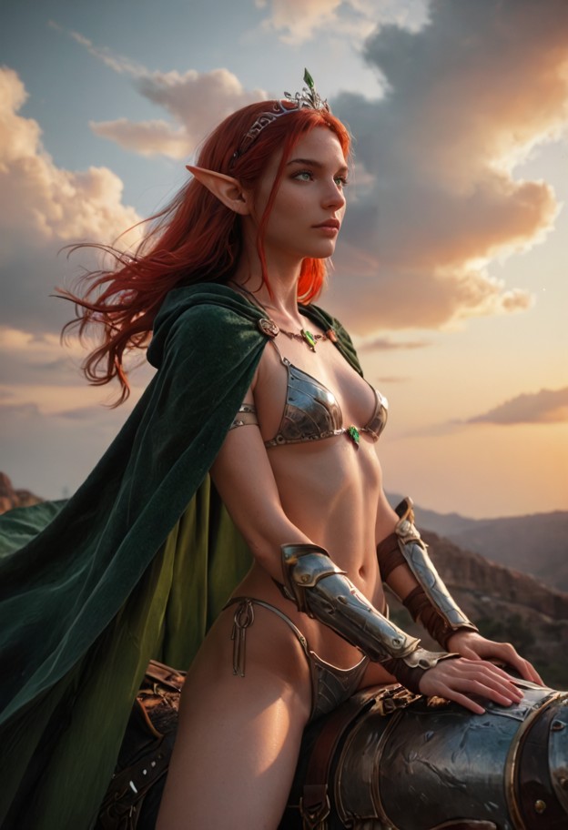 bikini_armor,green cape,sword raised over head,she is riding a dragon through the sky