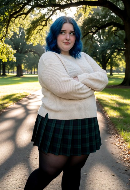 Location: a quiet public park during the late afternoon, with dappled sunlight filtering through the leafy green cano…