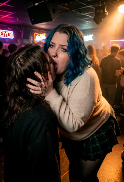 Location: the interior of a dim, bustling music venue with low ceilings, flickering neon signs, and a hazy atmosphere…
