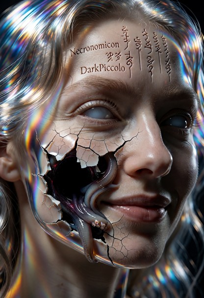An extreme macro close-up photograph of a woman's face, capturing a deeply unsettling psychological contrast. She is …