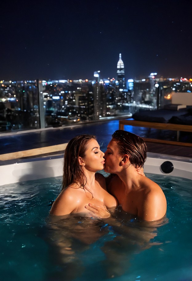 leaning towards guy kissing his neck and rubbing penis underwater,1guy,penis,pov,naked,rooftop terrace,jacuzzi,steami…