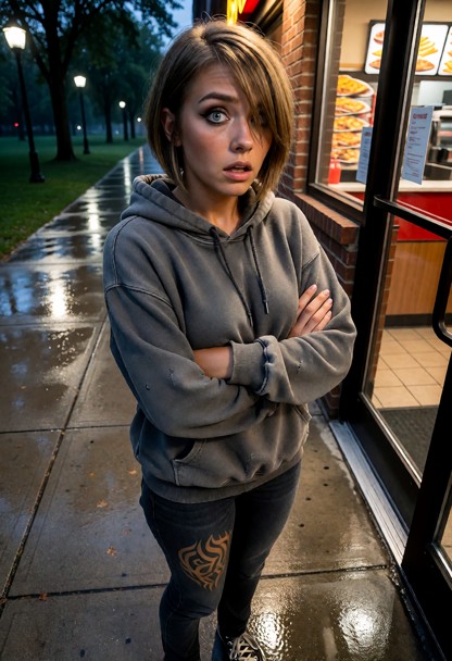 Location: a damp sidewalk outside a park during a stormy evening, with dim streetlights reflecting off wet pavement a…