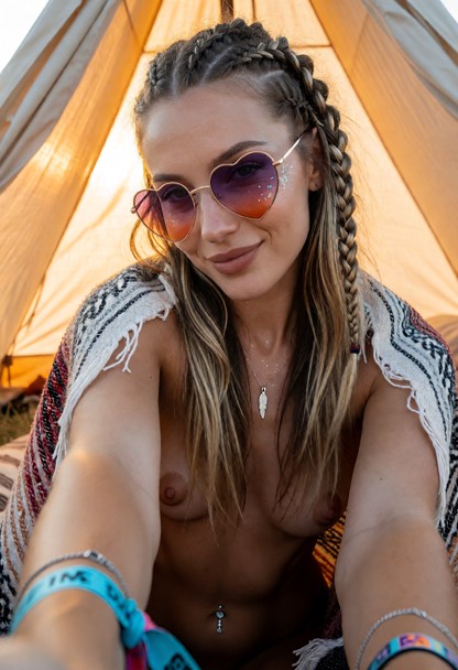 a first-person pov photo inside a small festival tent during golden hour. tina with festival glitter on her cheeks is…