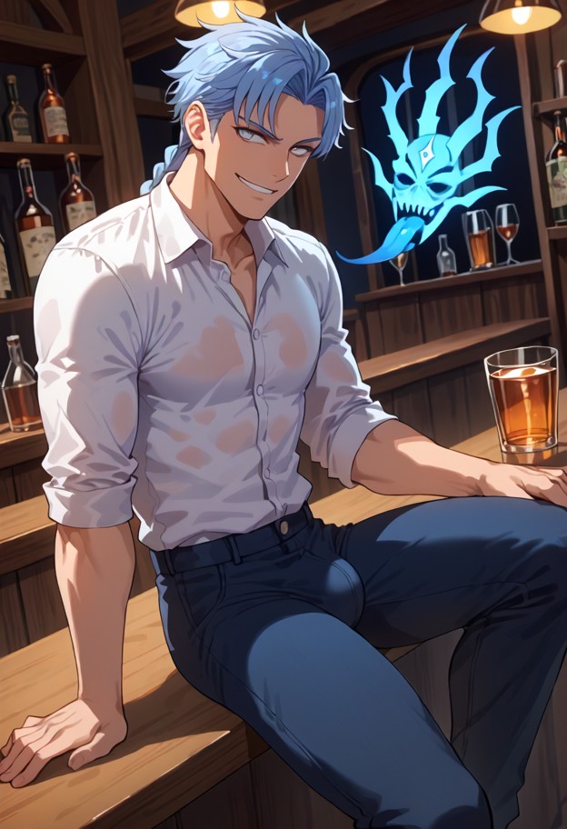 solo,1guy,caressing penis,smirk,tongue out,whiskey glass,teasing,obvious large bulge down leg,loose fitting leather p…