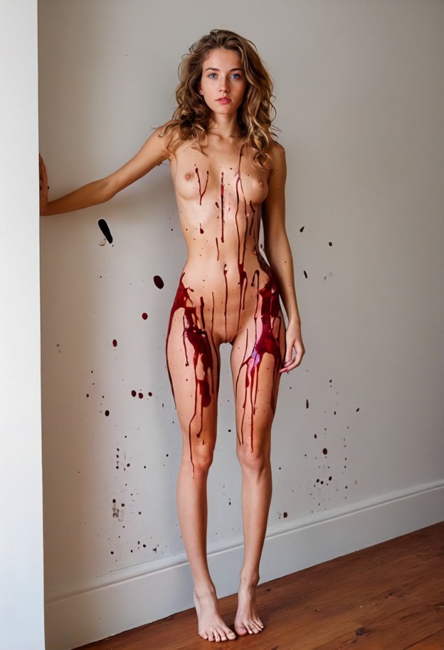 standing,naked,boobs,living room,white walls,wooden floor,red wine splatters on wall,full body,eye level,natural ligh…