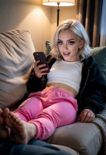 Girl centre screen laid on the couch in pink joggers white crop and black hoodie, she has her phone in her hand and i…