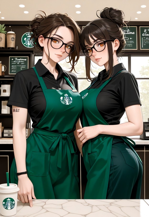 1girl,two girls posing together,starbucks cafe interior,white counter,green apron,black polo shirt,starbucks uniform,…