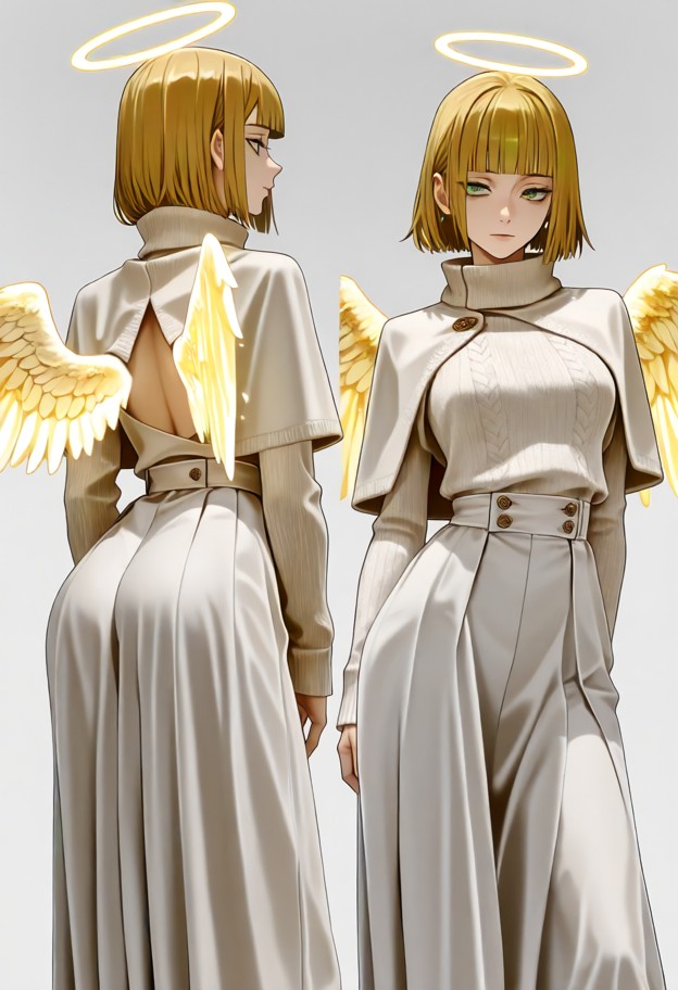 high-quality anime character reference sheet for angel (hana kurusu vessel) from jujutsu kaisen: full-body front,side…