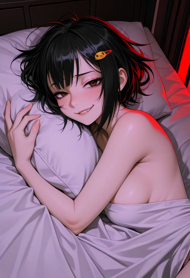 lying in a close embrace,eyes half-lidded,naked,boobs,dimly lit bedroom,dark wooden furniture,disheveled white linen …