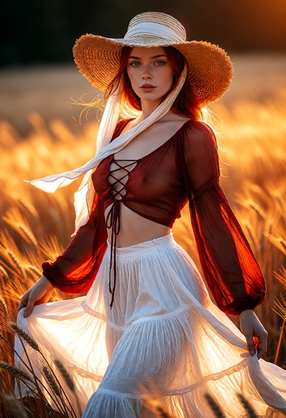 A hyper-realistic, detailed boho fashion photograph of a beautiful woman standing in a sun-drenched golden wheat fiel…