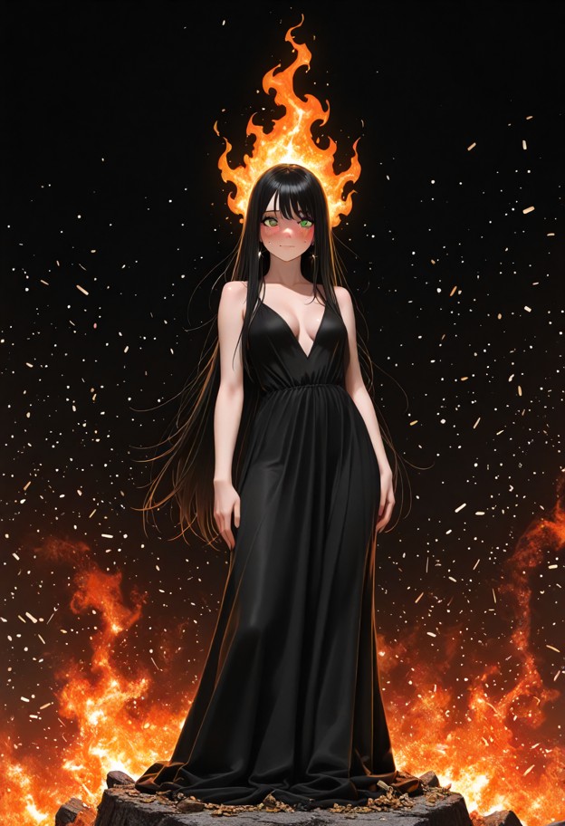 1girl,solo,(fiery dress:1.4),realistic fire,standing on black rock,(falling ash:1.2),ash fall,front view,elemental