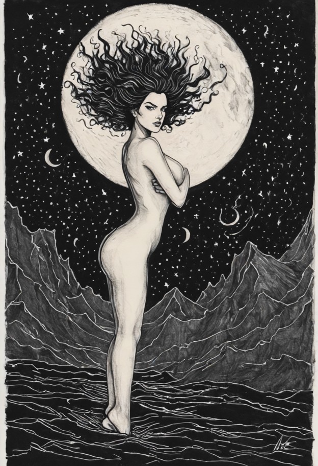 a stark,hyper-detailed black ink illustration in the decadent,sinuous style of aubrey beardsley—full length body draw…