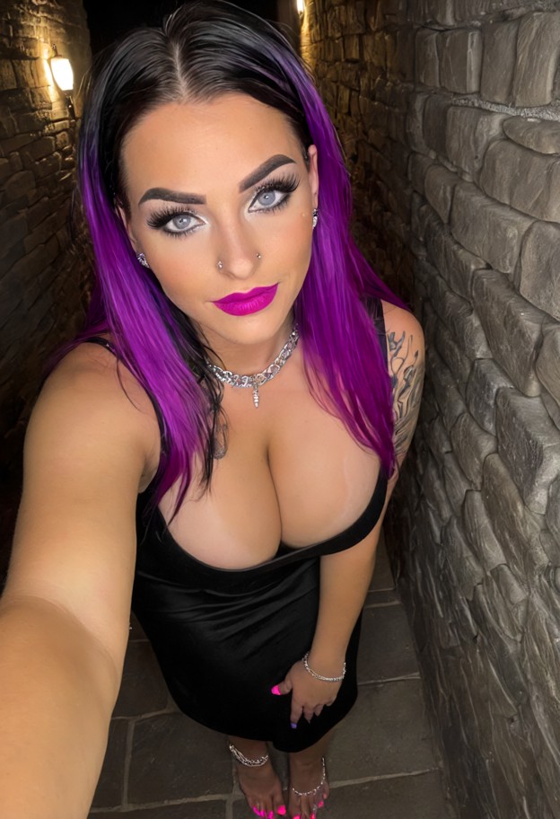 futa leaning forward,solo,black silk dress,dark hallway,stone walls,dim lighting,selfie closeup,facing viewer,happy
