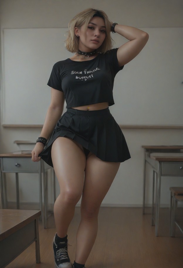 black collar,black_skirt,black_top,wristbands,black_sneakers,flying kick,classroom,school_room,desk,