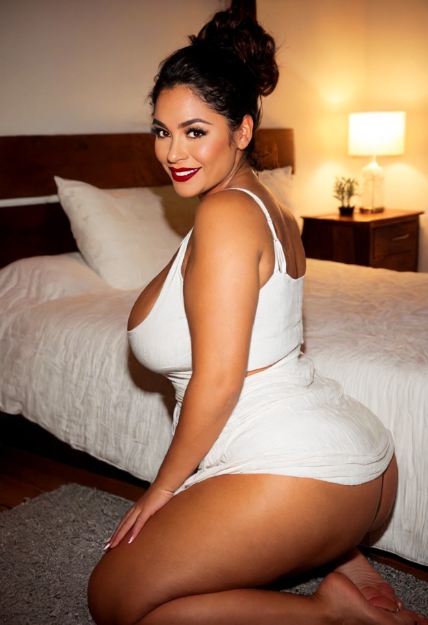 isabella morales is kneeling on the floor and smiling,white linen dress,cozy bedroom,soft linen bedding,dark wooden f…