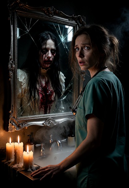 a chilling horror-cinematic shot in a pitch-black bathroom. foreground: a terrified young woman stands with her back …