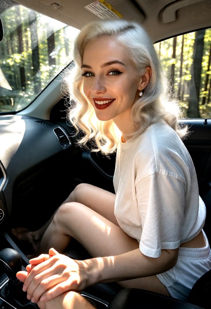 Location: inside a moving car during the bright morning, with dappled sunlight filtering through the dense forest tre…