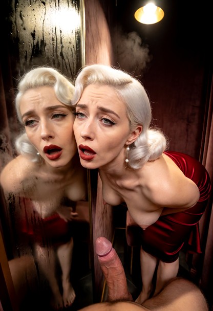 Location: inside the cramped, dimly lit boutique dressing room where the warm spotlight from above catches the conden…