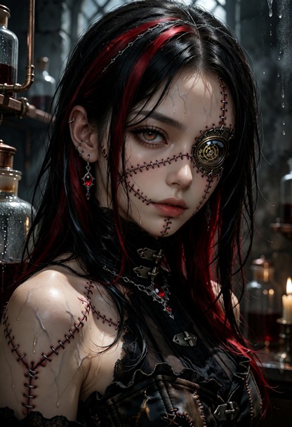A hyper-realistic, cinematic portrait of a woman reassembled as a gothic monster. Her face and shoulders feature shar…