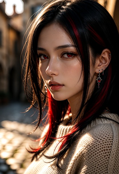 A cinematic, ultra-detailed picture of a striking woman in her late 20s with luminous, cascading hair that catches th…