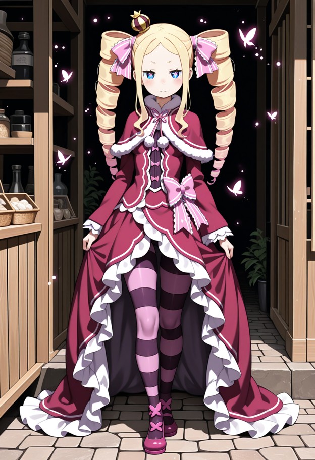 standing,looking down,fidgeting with her hair,dark pink and cream-colored gothic dress,pink ribbons,small shawl-like …