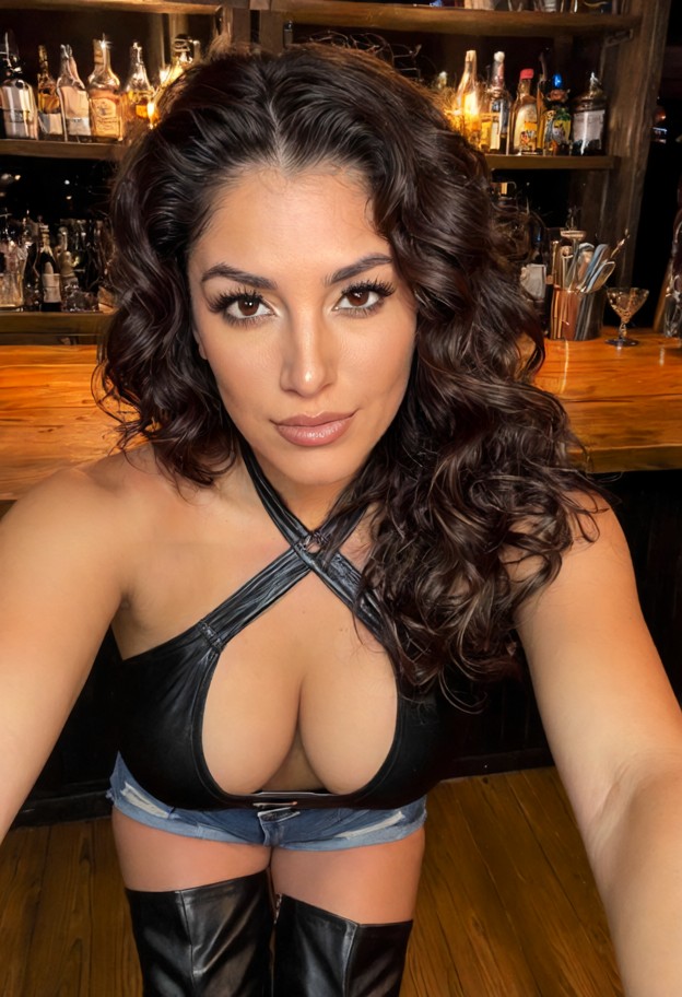 she is leaning forward over a wooden table,black halter top,tiny denim shorts,black leather thigh boots,dimly lit bar…
