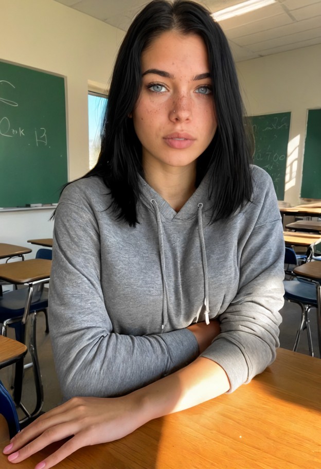 1girl standing,grey hoodie,blue jeans,black sneakers,crossed arms,frustrated,aroused,biting lip,classroom,green chalk…