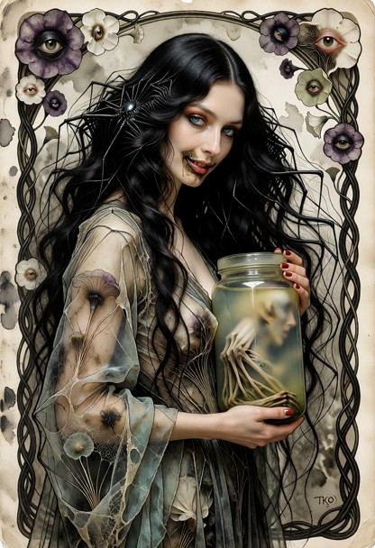 Create a highly detailed Art Nouveau-inspired ink-and-pencil illustration influenced by decadent Symbolist art, antiq…