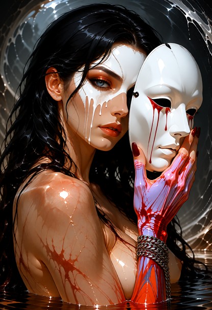 L'image est une peinture représentant une femme tenant un masque blanc devant son visage. On voit la femme du buste j…