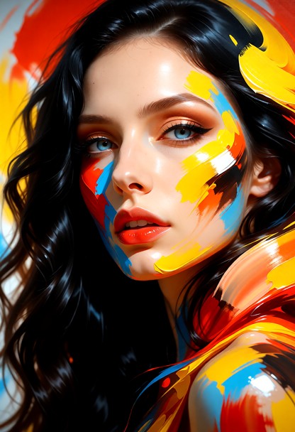 Cette image est une peinture stylisée et expressive d'un portrait de femme, dominée par des couleurs vives et des cou…