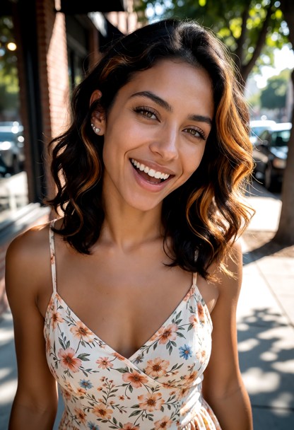 Location: a sunlit sidewalk outside the coffee shop during a quiet afternoon, with dappled light filtering through th…