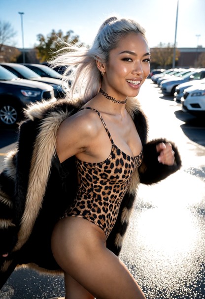 Location: bright afternoon in a sunny outdoor parking lot with asphalt reflecting the harsh sunlight, parked cars in …