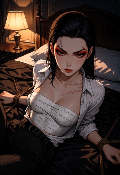 Location: dim hotel room at night with warm amber light from a bedside lamp casting long shadows across the rumpled d…