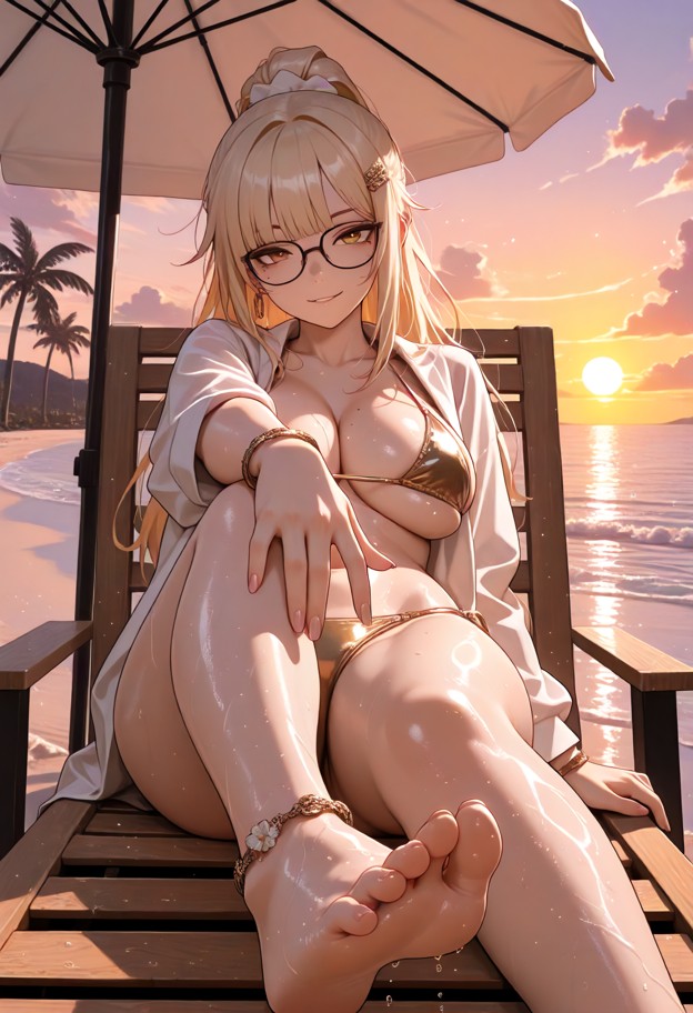 ultra-detailed anime illustration,male pov perspective from a reclining wooden beach lounge chair under a straw beach…