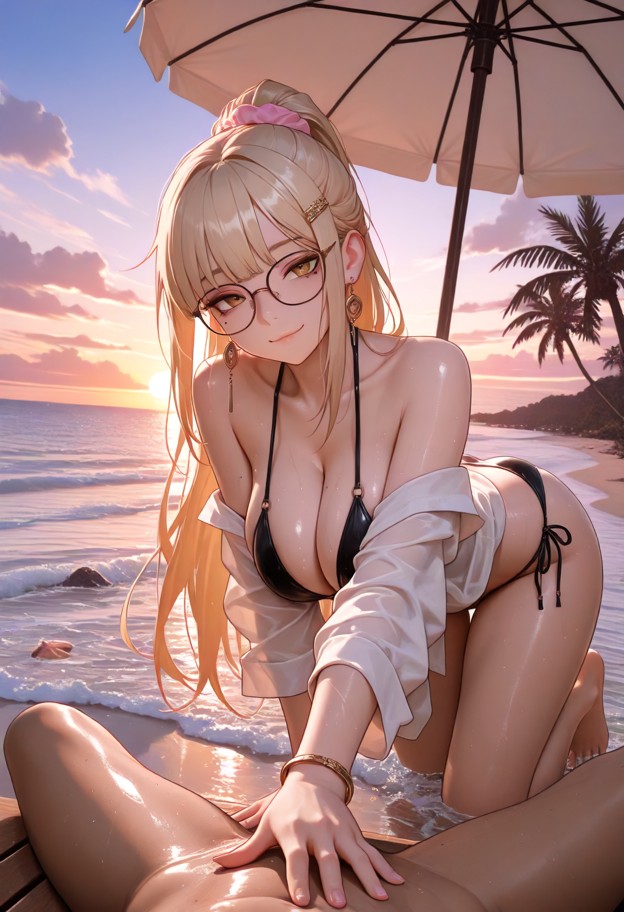 ultra-detailed anime illustration,male pov perspective from a reclining wooden beach lounge chair under a straw beach…