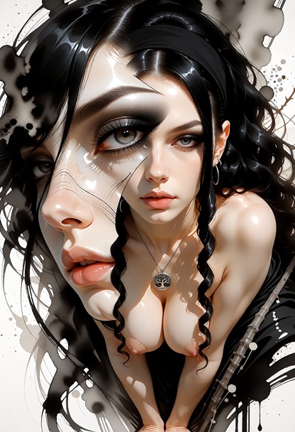 Il s'agit d'une aquarelle en noir et blanc représentant le visage d'une femme, traitée dans un style libre et express…