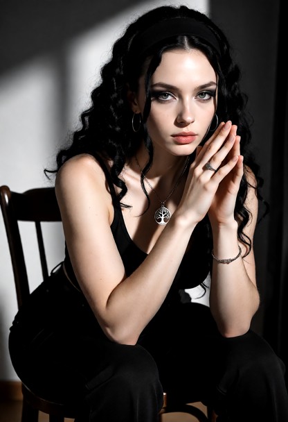 Une jeune femme assise sur une chaise dans une pose contemplative dégage une aura de mystère et de confiance. L'image…
