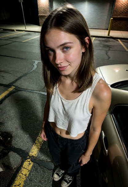 Location: late night in a dim parking lot behind a closed bar, with pale, flickering streetlights casting long shadow…
