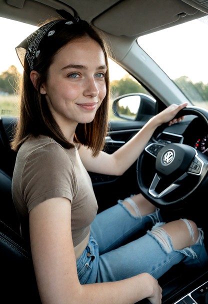 Charlotte is driving a car, she is looking forward at the road, she's wearing a crop top band tee, a bandana in her h…
