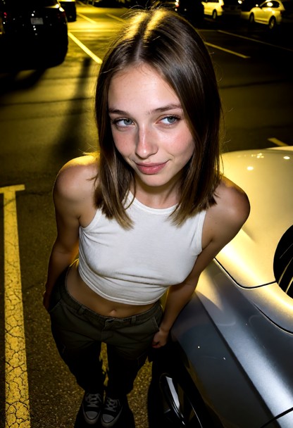 Location: dim parking lot at night with flickering yellow overhead lights casting long shadows on the asphalt and ref…