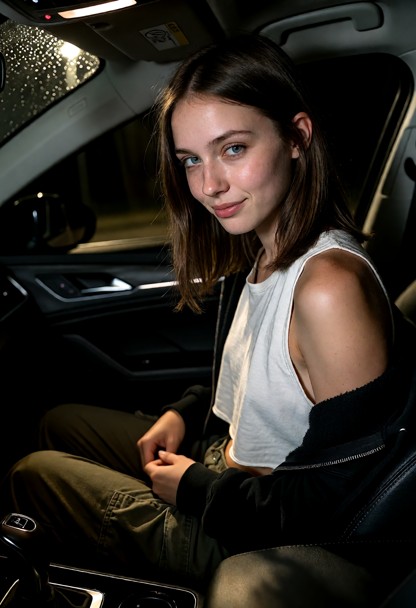 Location: night in a dim car interior, with the faint glow of streetlights reflecting off the windshield and dashboar…