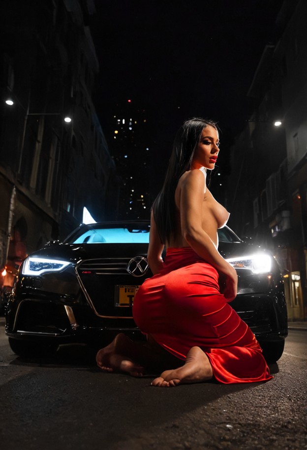 1girl,kneeling,red silk dress,topless,bare breasts,looking at viewer,intense gaze,outdoors,street,expensive car,city …