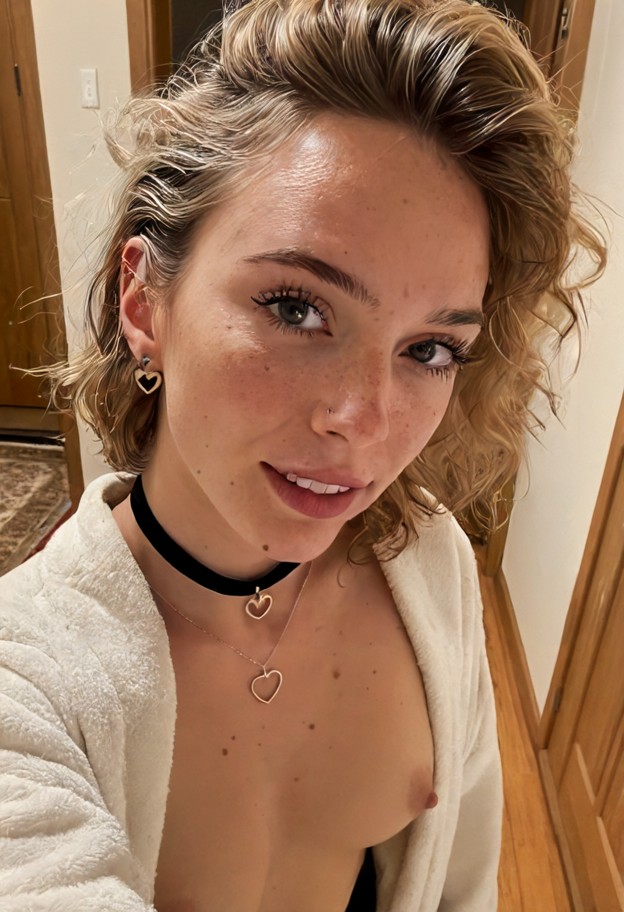 a she is is leaning into a man's chest and looking up,white silk robe,thin lace panties,cozy apartment entrance,woode…