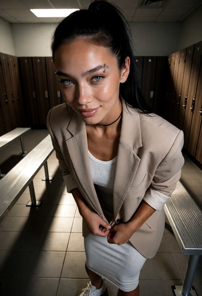 Location: dim locker room with rows of metallic benches, wooden lockers, and soft, overhead fluorescent light that ca…